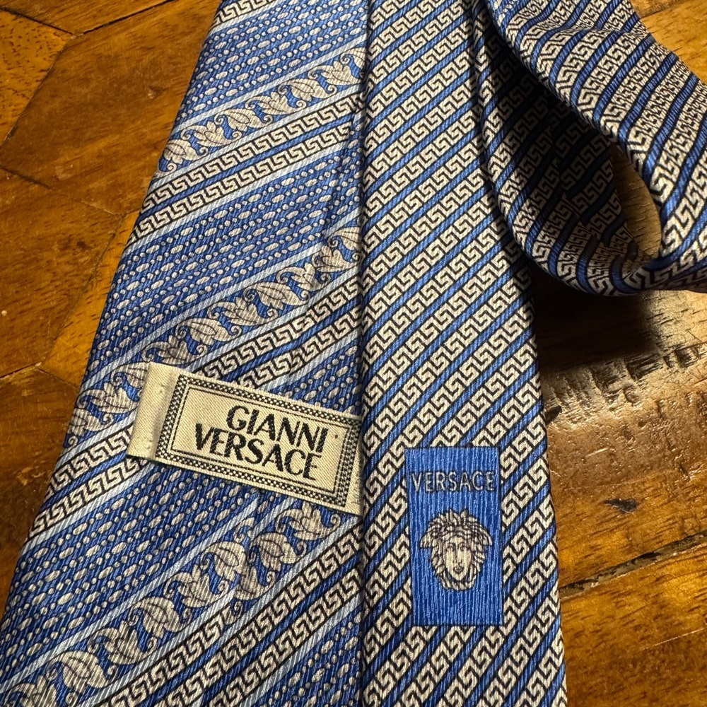 Vintage Versace Blue and Gold Men's Tie Greek Key design